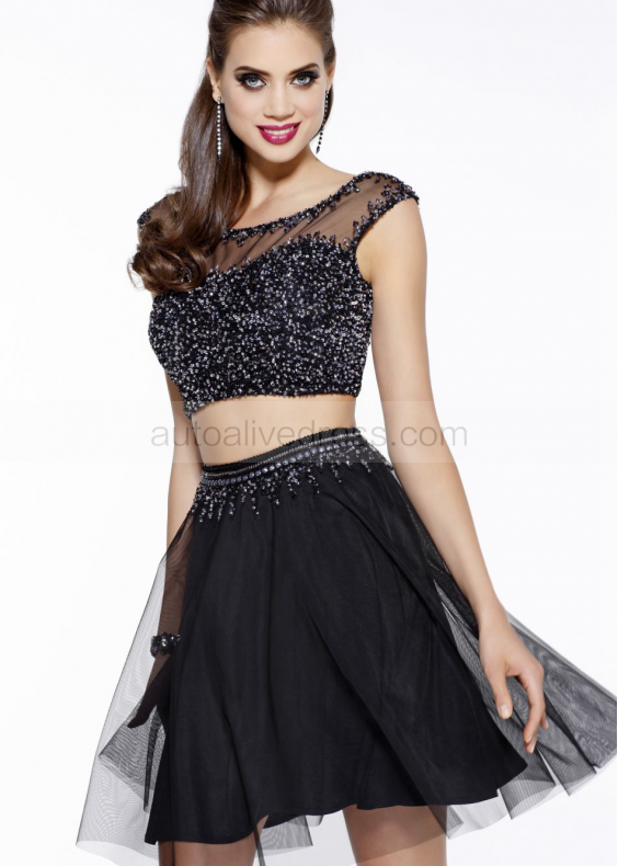 Beaded Tulle Scoop Neckline Two Piece Knee Length Prom Dress